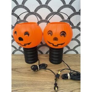 Vintage Set Of 2 Halloween Blow Mold Blinky Products Light Up Jack O'Lanterns